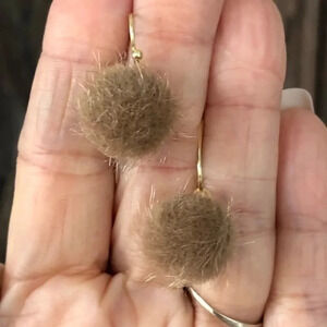 Beige Tan Fuzzy Furry Pom Pom Drop Earrings NWT